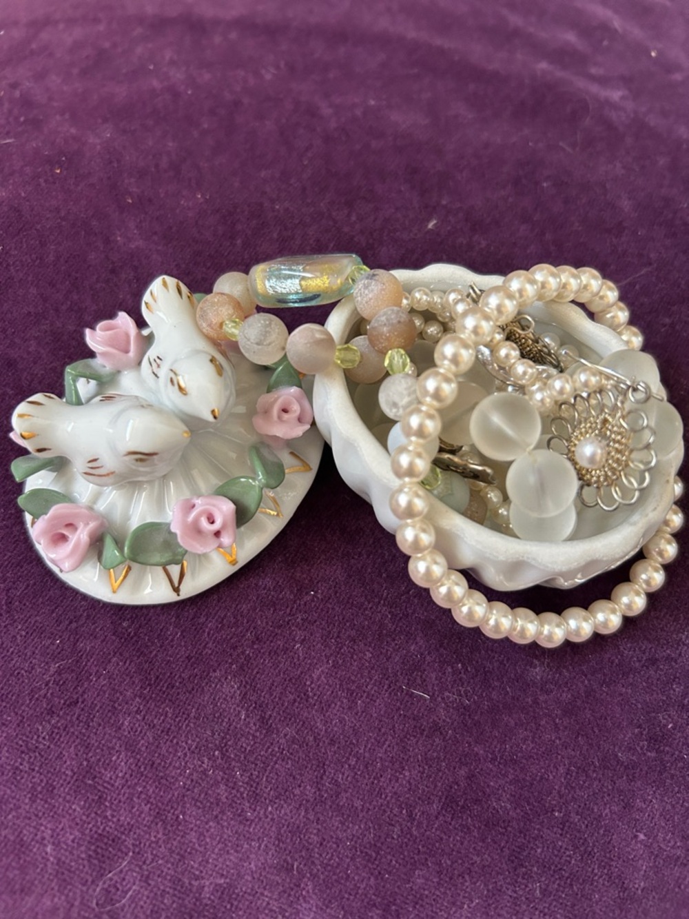Gorgeous trinket dish filled with pearlescent jewelry